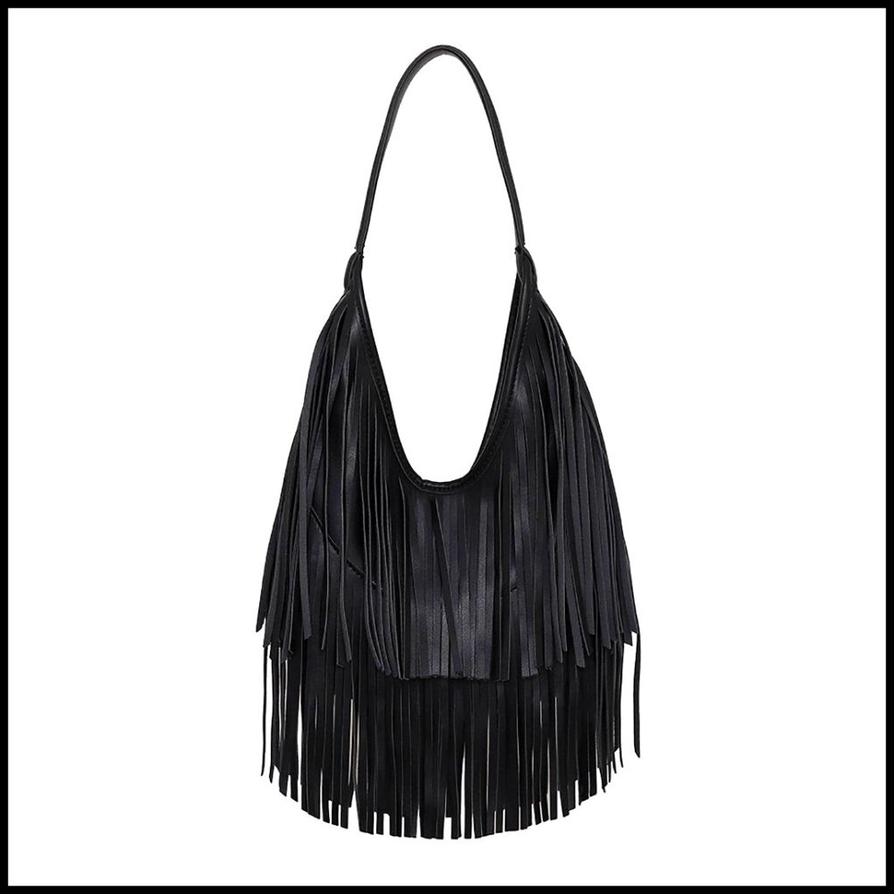 Fringe Leather Hobo Shoulder Bag - Black
